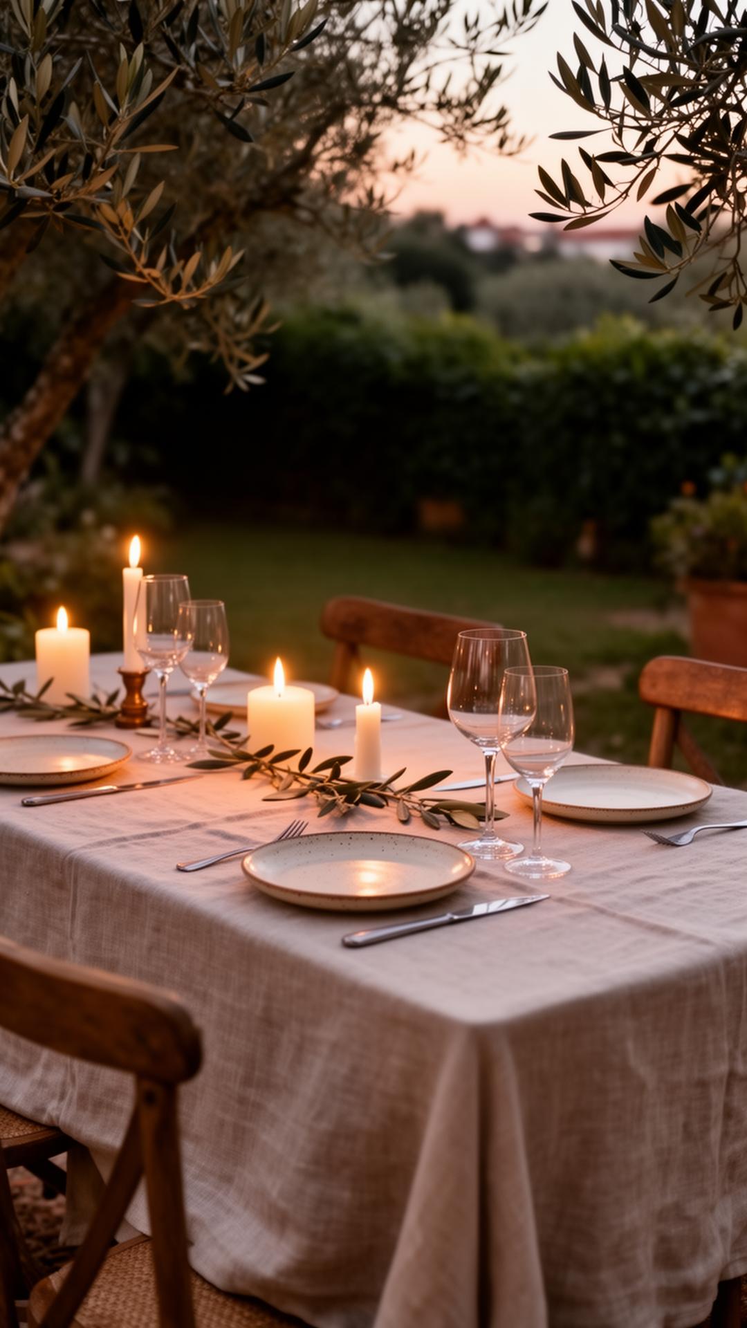 Candlelit outdoor dining table at dusk