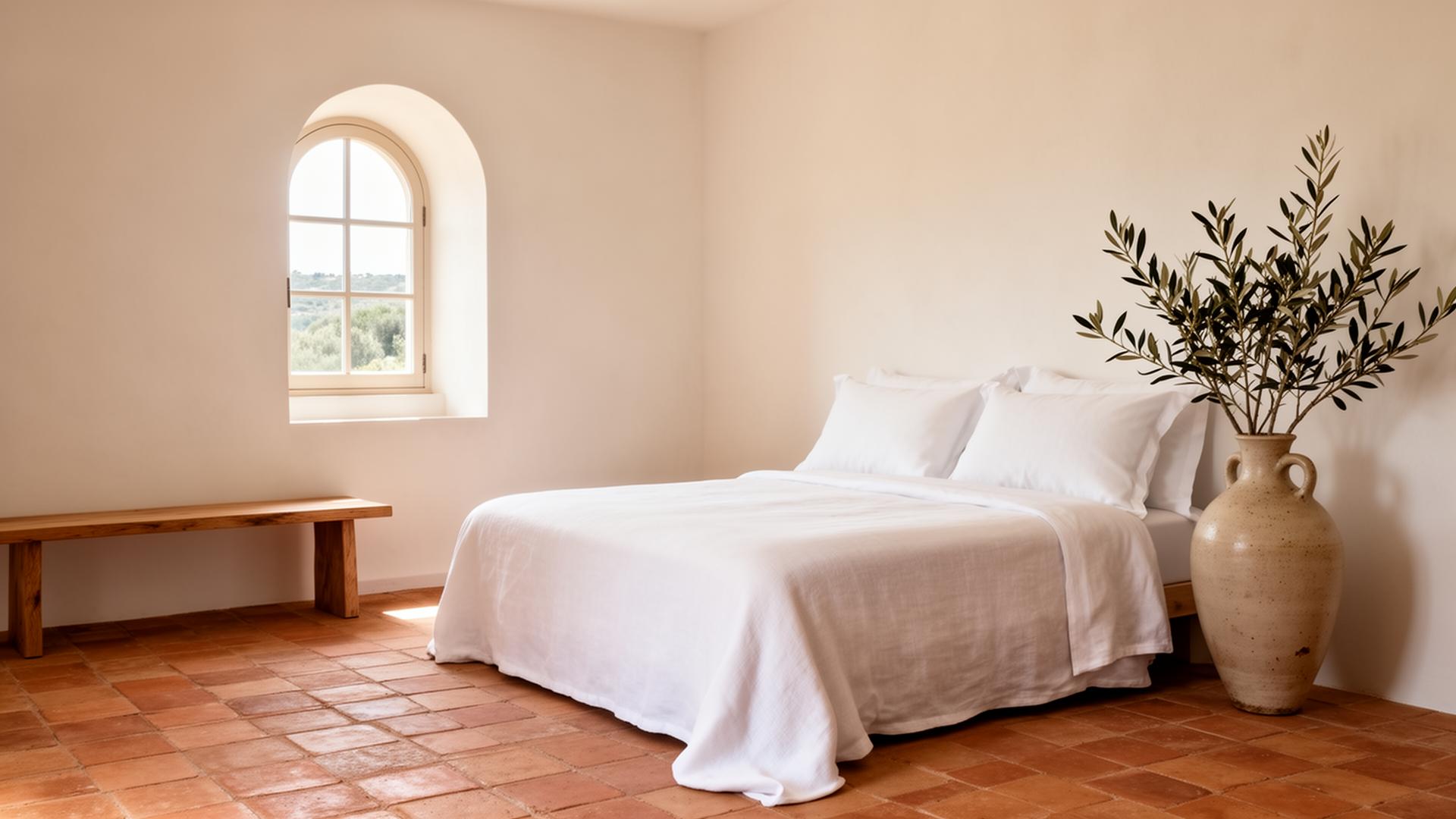 A serene suite interior with linen bed and arched window